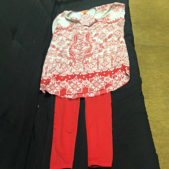 NO BRAND RED LEGGING & JOE FRESH RED/CREAM DRESS